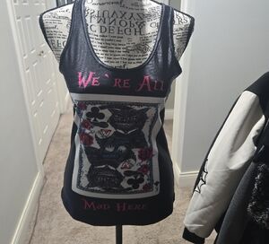 Black Fitted Graphic Tank Top with Cheshire Cat